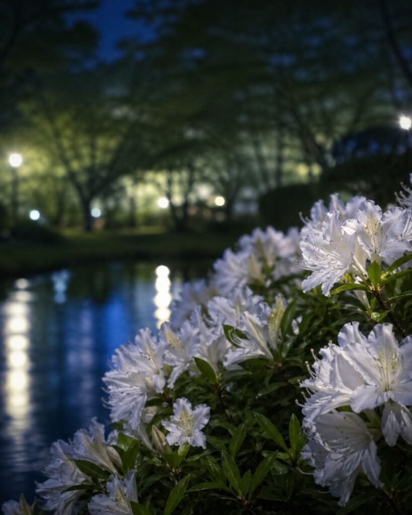 わたぼうし短歌帖「春の夜の　ぬるみに浮かぶ　白躑躅
ぼやけし夜に　凛をたどりぬ」短歌イメージ画像