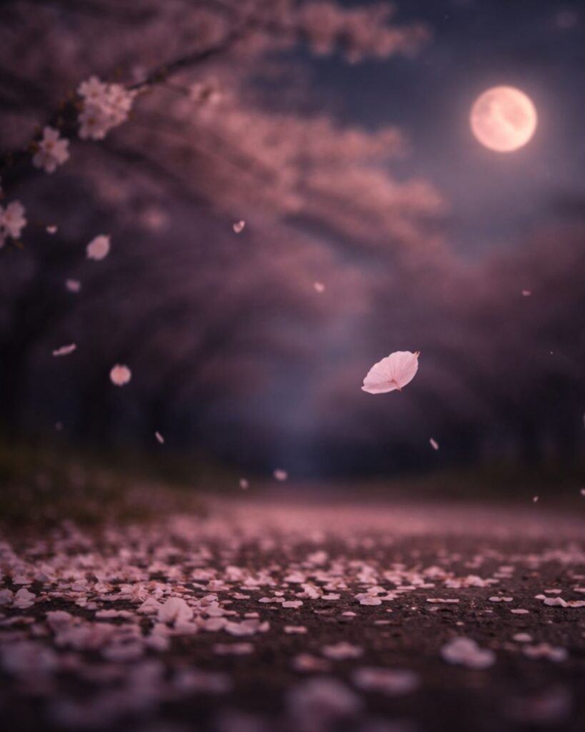 わたぼうし短歌帖「散る桜　満ちゆく月の　ほろの色
春のあはひに　あはくにじみて」短歌イメージ画像