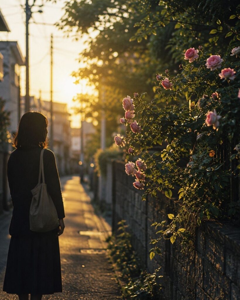 わたぼうし短歌帖「薔薇の香を　たどれば垣の　花ひそか
帰るばかりの　道をほどきぬ」短歌イメージ画像