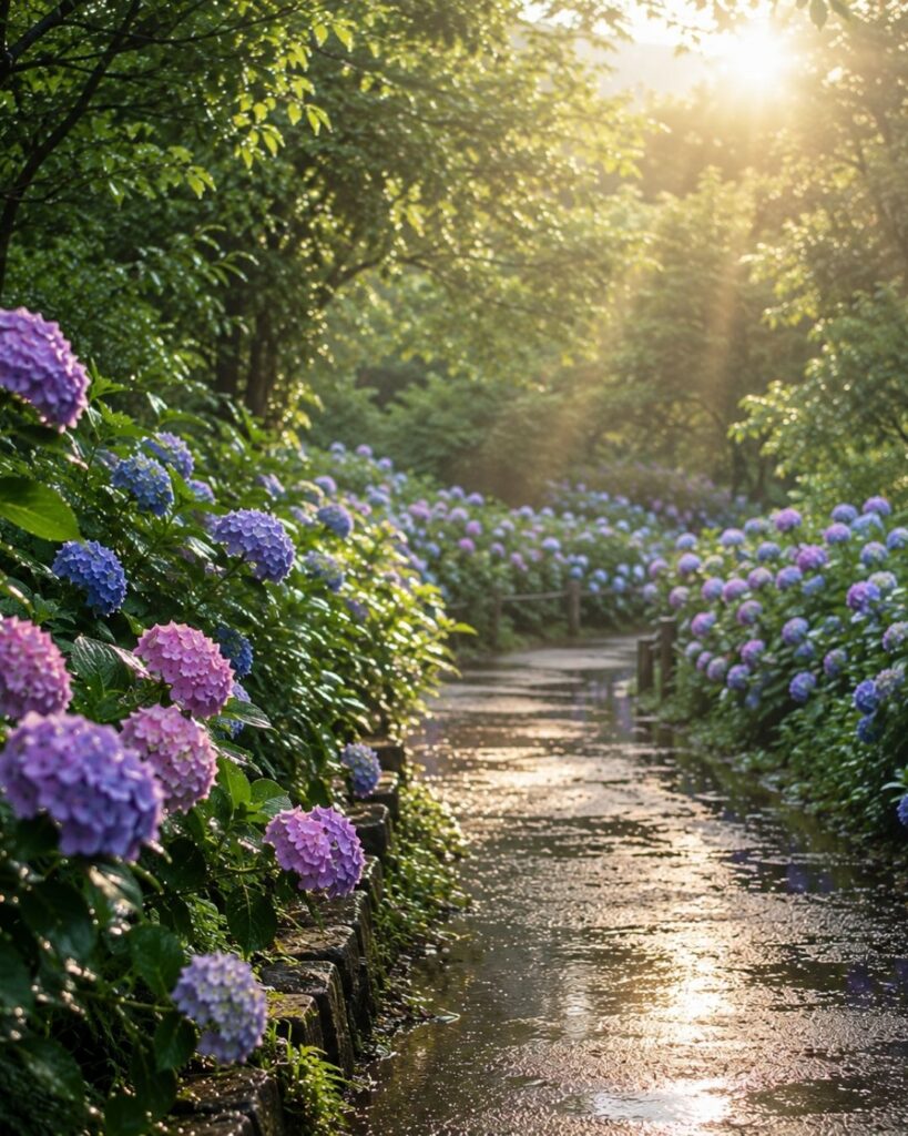 わたぼうし短歌帖「紫陽花の　路を曲がりて　色ほどけ
雨のしじまに　風やはらげり」短歌イメージ画像