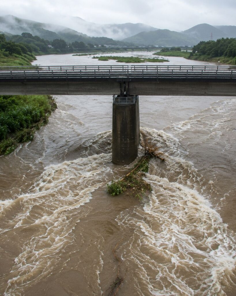 末吉俳句日記「梅雨出水　橋に裂かれて　水太し」俳句イメージ画像