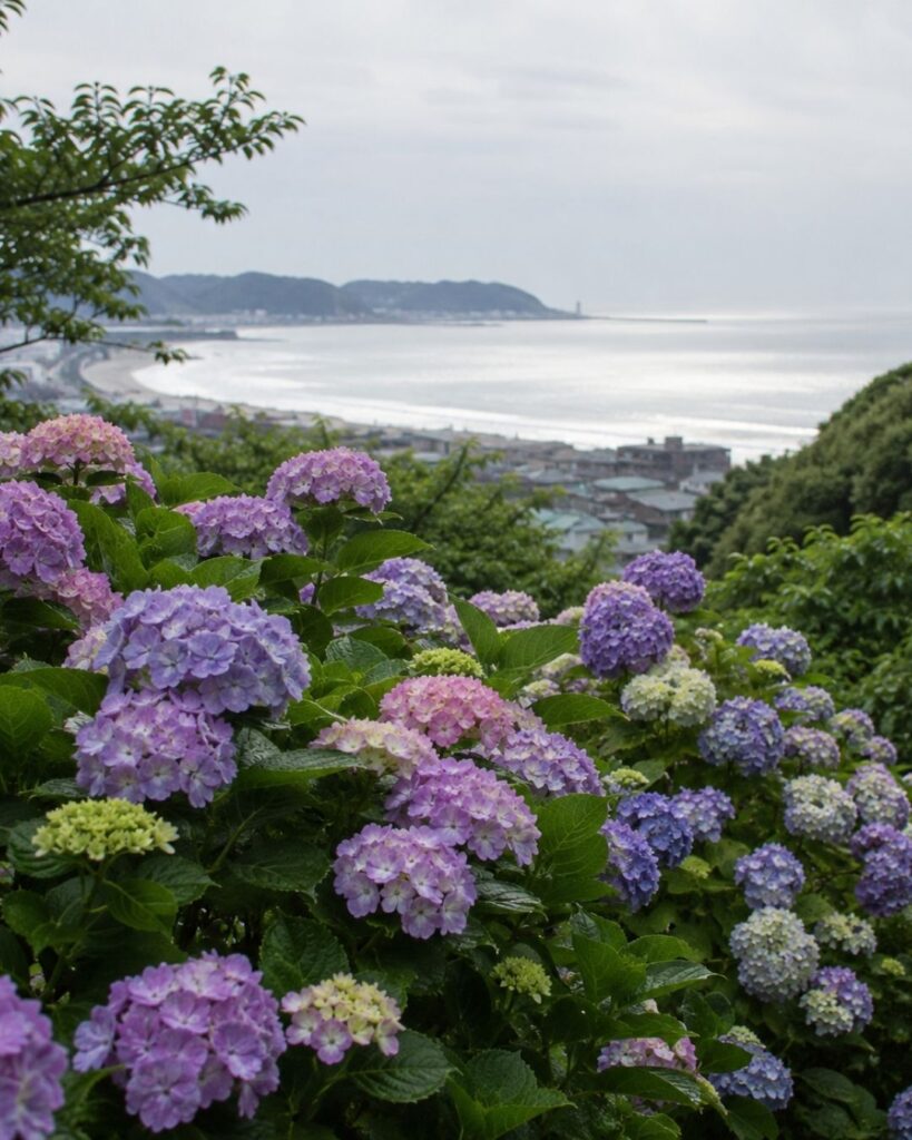 末吉俳句日記「紫陽花や　海をひとたび　なほ花へ」俳句イメージ画像