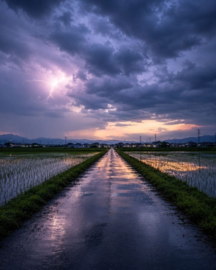 末吉俳句日記「梅雨の雷　音まだ遠き　一本道」俳句イメージ画像