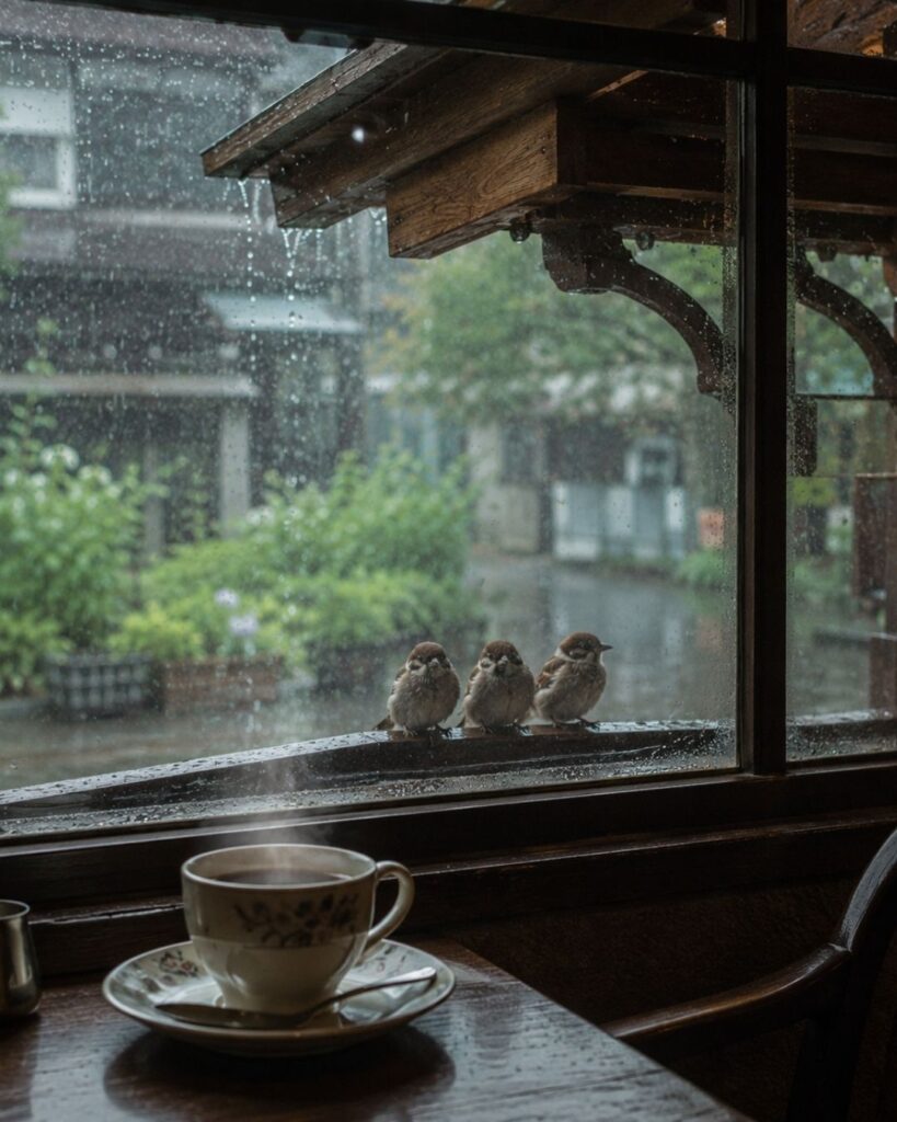 わたぼうし短歌帖「雨のこと 雀ならびて 軒の下
窓辺の時も また雨宿り」短歌イメージ画像