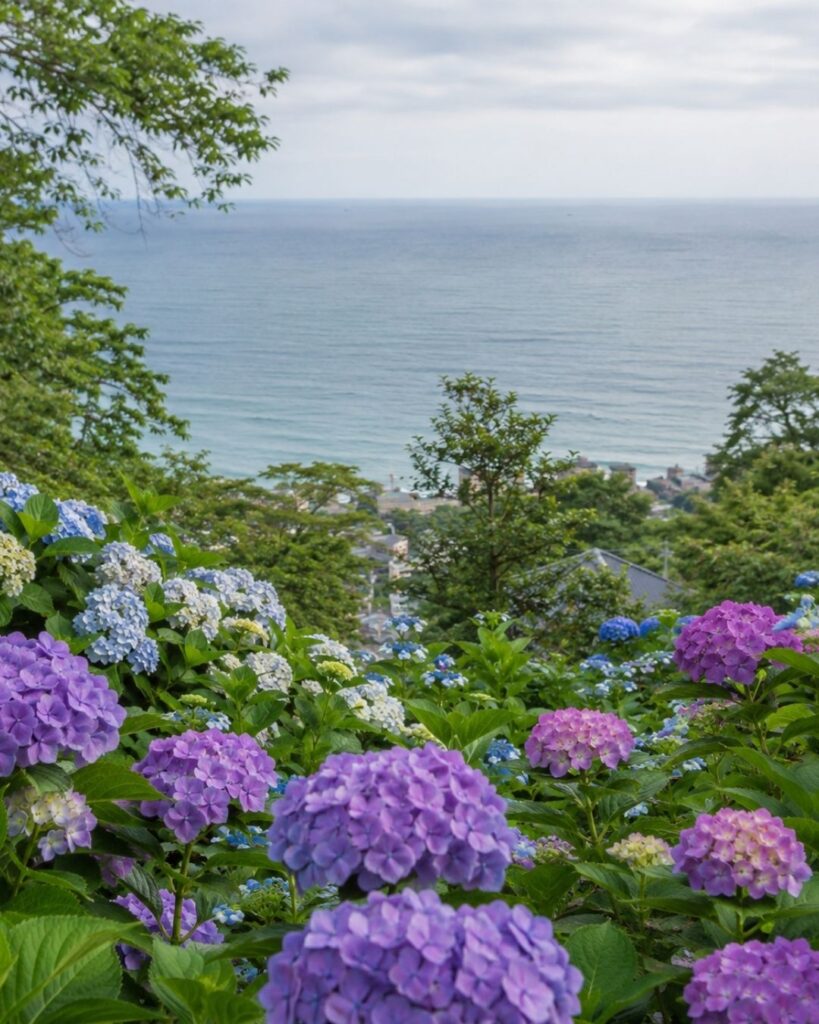 わたぼうし短歌帖「あぢさゐと　海をゆきかふ　まなざしの
戻るたびまた　色を重ねて」短歌イメージ画像