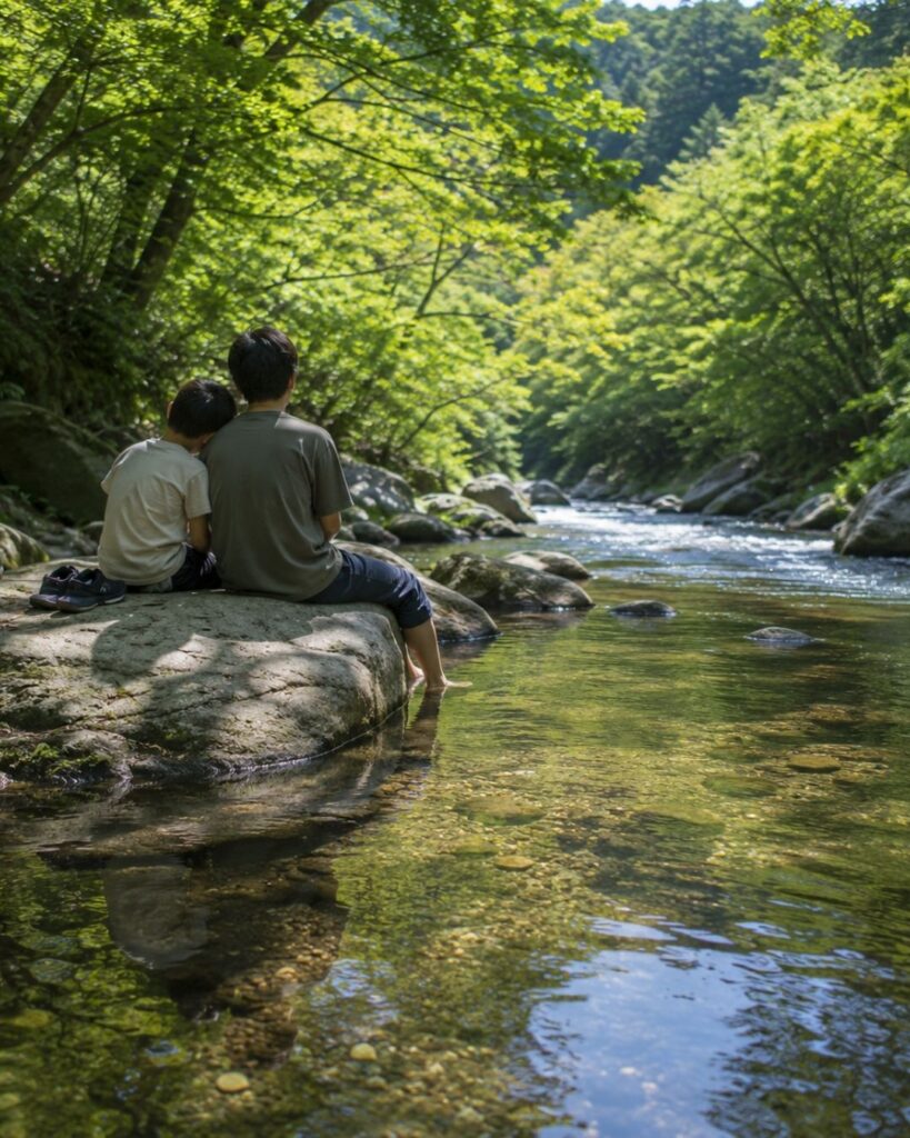 わたぼうし短歌帖「夏河の　風にまぶたの　垂るるころ
流れの端に　影も寄り添ふ」短歌イメージ画像