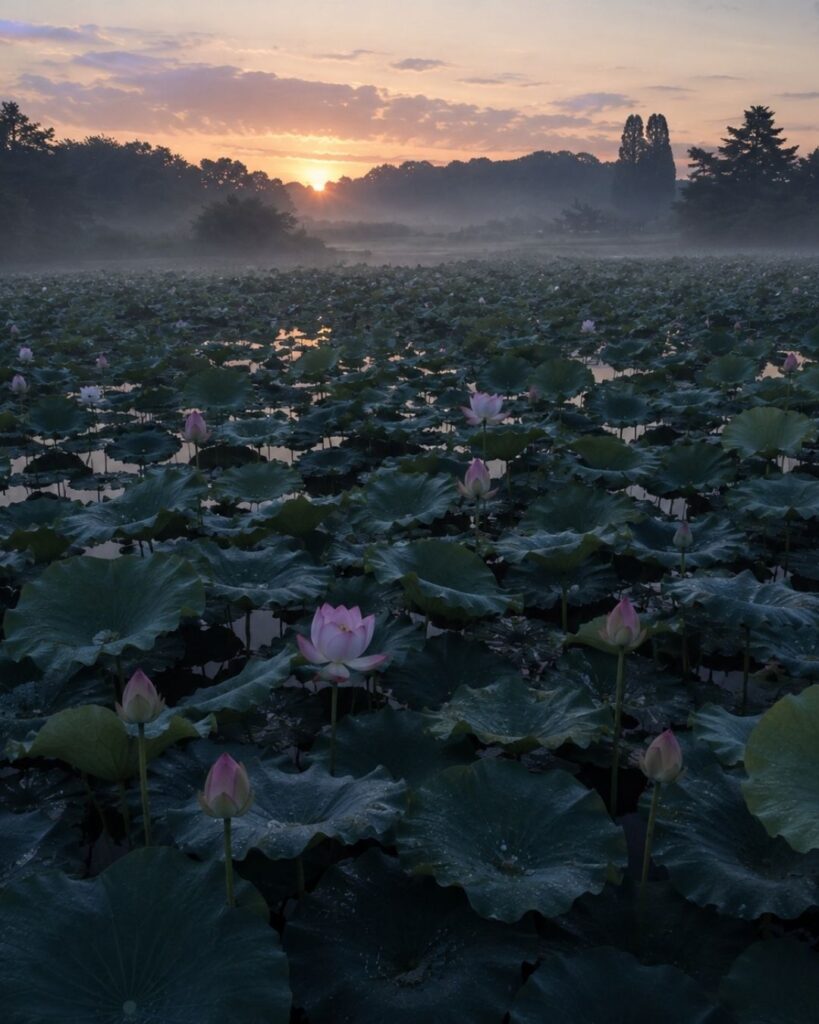 わたぼうし短歌帖「明けそめる　光にじみて　蓮池の
ひと花ごとに　朝ひらきゆく」短歌イメージ画像