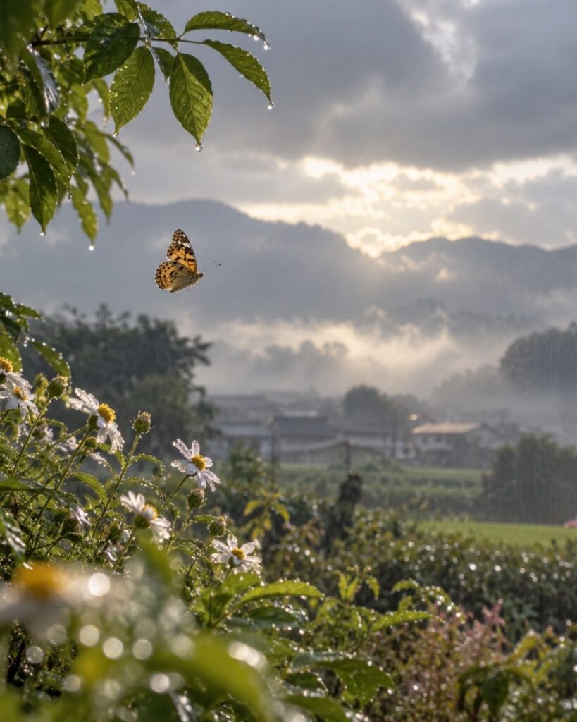 末吉俳句日記「朝秋蝶や 雨間渡りて 花寄らぬ」俳句イメージ画像