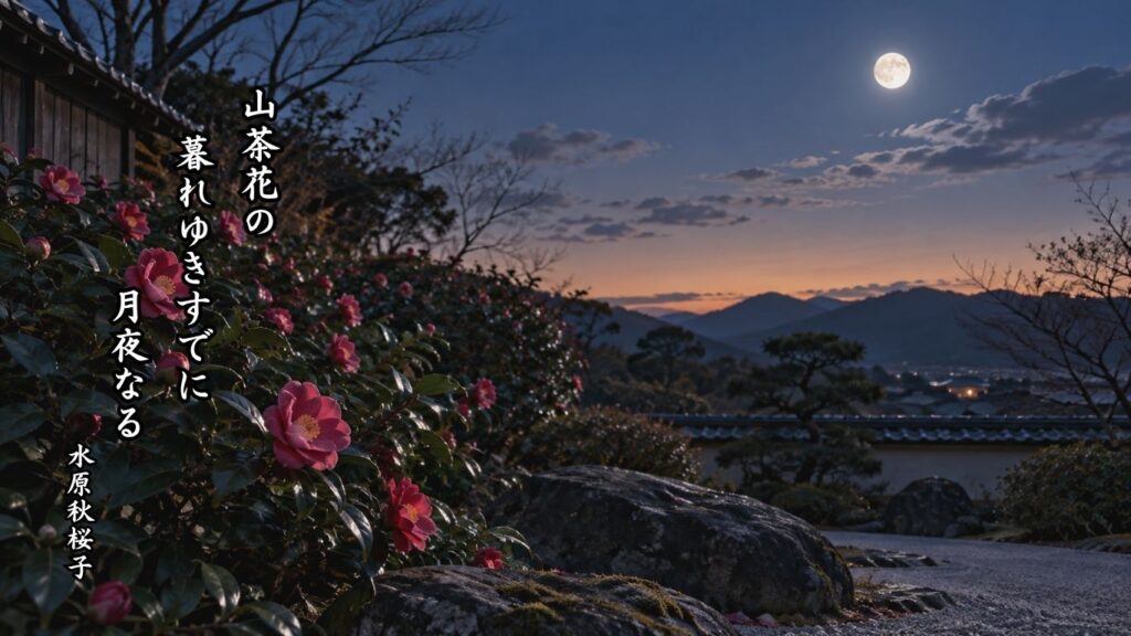 冬の花の季語12選｜有名俳人の句で味わう寒中の彩り『山茶花の　暮れゆきすでに　月夜なる』水原秋桜子の俳句のイメージイラスト画像