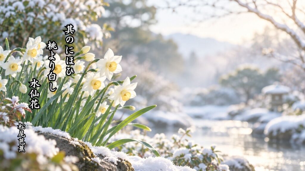 冬の花の季語12選｜有名俳人の句で味わう寒中の彩り『其のにほひ　桃より白し　水仙花』松尾芭蕉の俳句のイメージイラスト画像