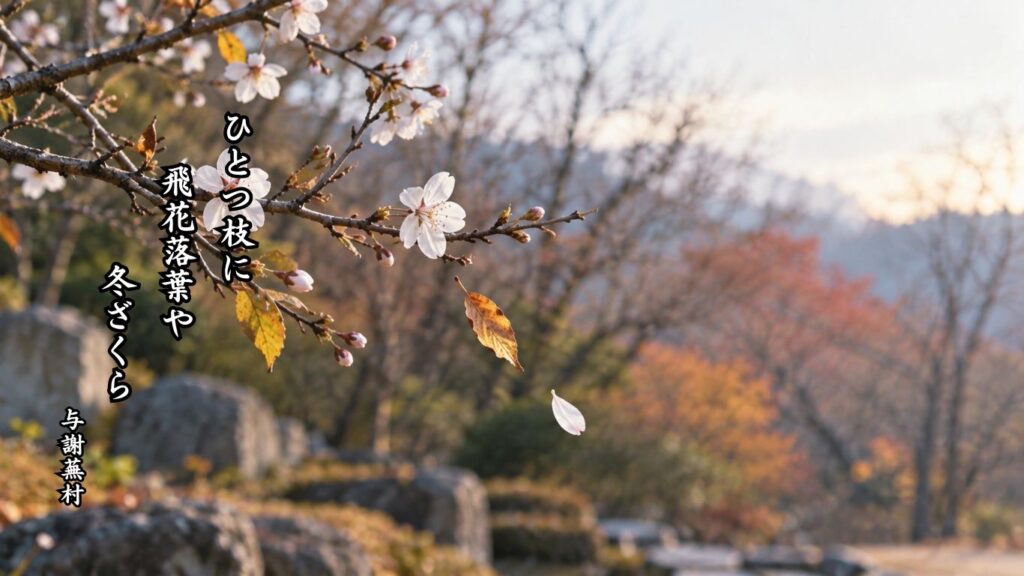 冬の花の季語12選｜有名俳人の句で味わう寒中の彩り『ひとつ枝に　飛花落葉や　冬ざくら』与謝蕪村の俳句のイメージイラスト画像