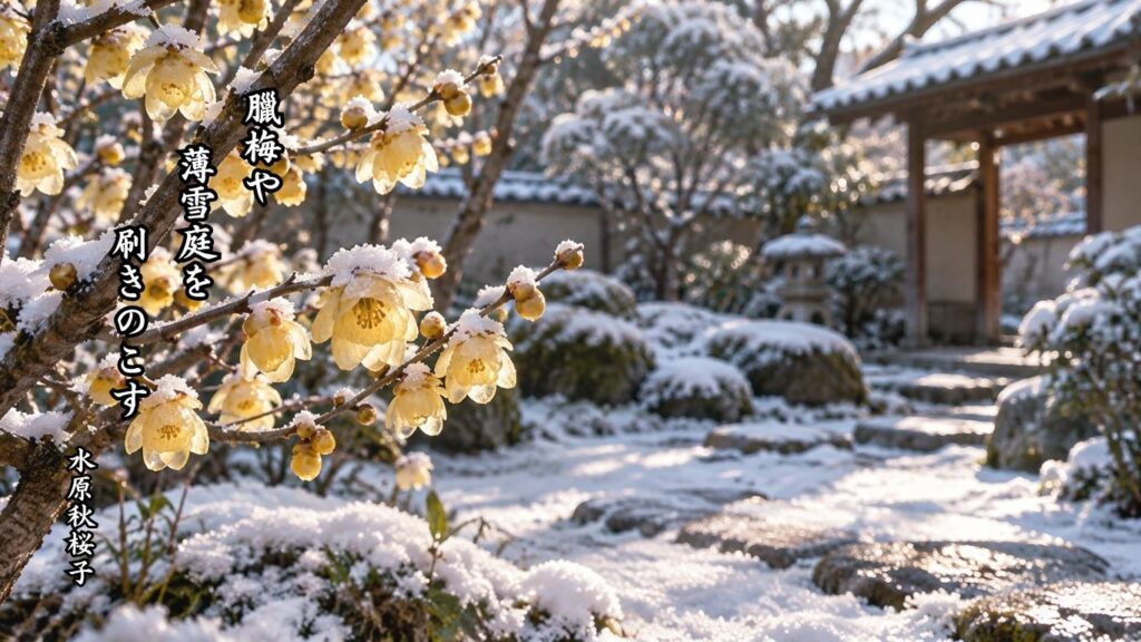 冬の花の季語12選｜有名俳人の句で味わう寒中の彩り『臘梅や　薄雪庭を　刷きのこす』水原秋桜子の俳句のイメージイラスト画像