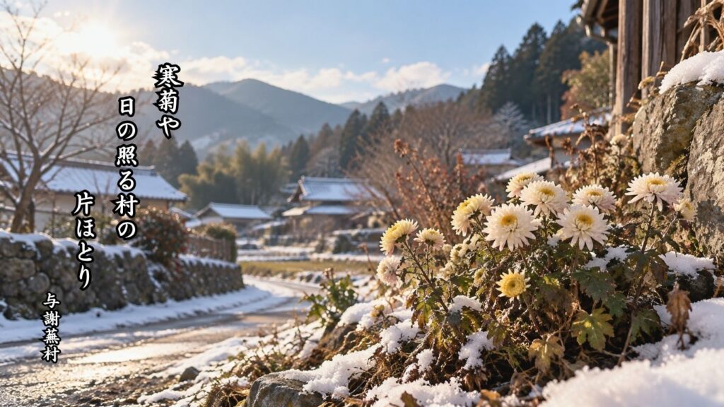 冬の花の季語12選｜有名俳人の句で味わう寒中の彩り『寒菊や　日の照る村の　片ほとり』与謝蕪村の俳句のイメージイラスト画像