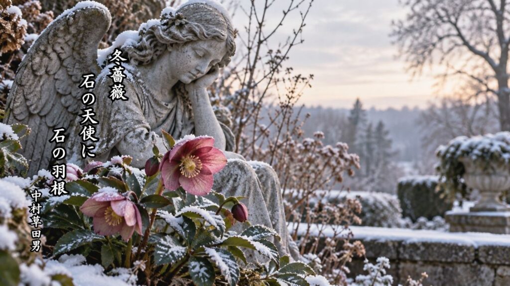 冬の花の季語12選｜有名俳人の句で味わう寒中の彩り『冬薔薇　石の天使に　石の羽根』中村草田男の俳句のイメージイラスト画像