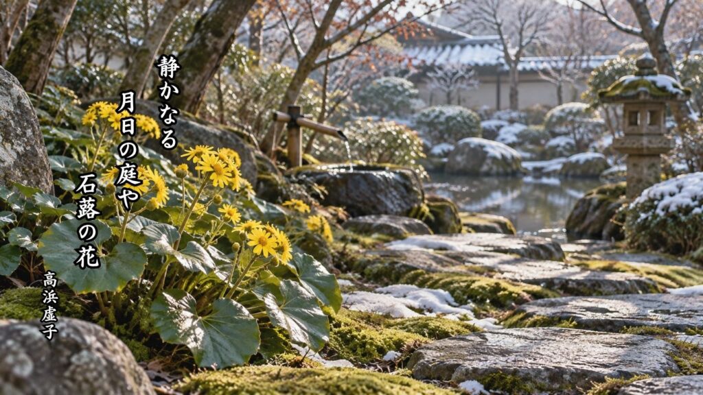 冬の花の季語12選｜有名俳人の句で味わう寒中の彩り『静かなる　月日の庭や　石蕗の花』高浜虚子の俳句のイメージイラスト画像