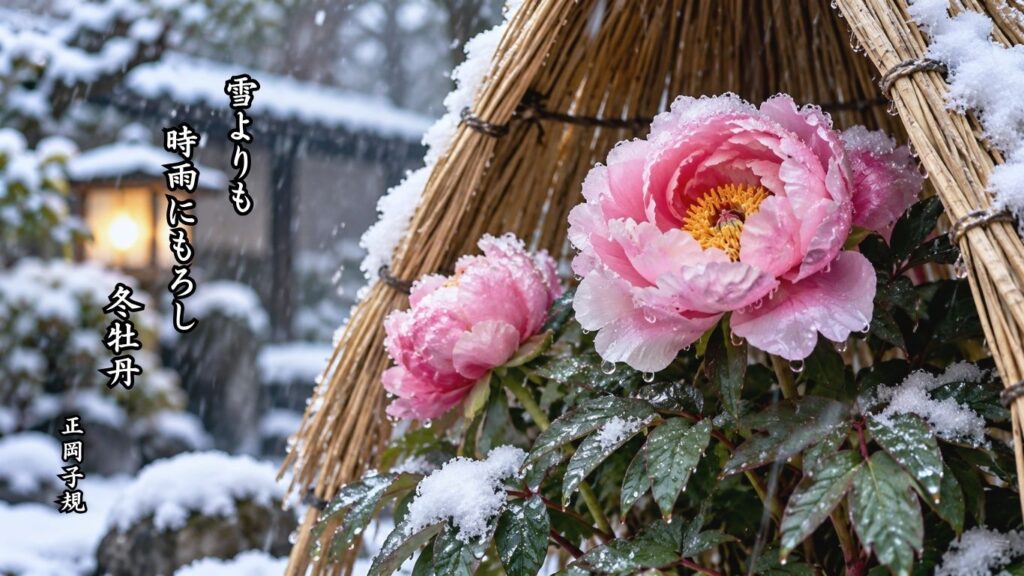 冬の花の季語12選｜有名俳人の句で味わう寒中の彩り『雪よりも　時雨にもろし　冬牡丹』正岡子規の俳句のイメージイラスト画像