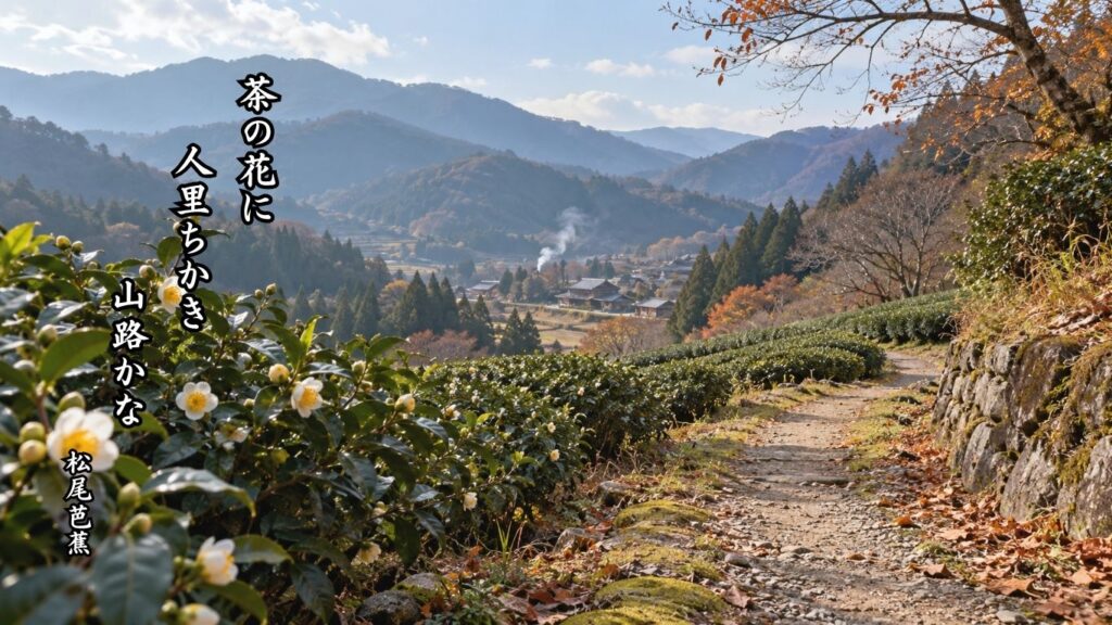冬の花の季語12選｜有名俳人の句で味わう寒中の彩り『茶の花に　人里ちかき　山路かな』松尾芭蕉の俳句のイメージイラスト画像