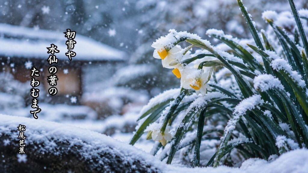 雪にまつわる冬の季語12選｜有名俳人の句で味わう雪景色『初雪や　水仙の葉の　たわむまで』松尾芭蕉の俳句のイメージイラスト画像