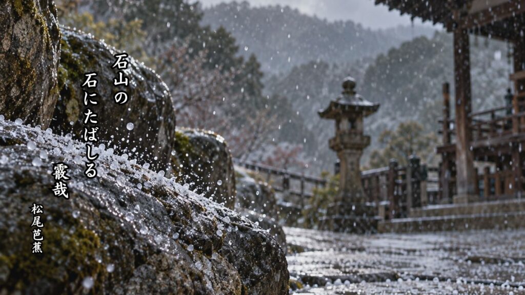 雪にまつわる冬の季語12選｜有名俳人の句で味わう雪景色『石山の　石にたばしる　霰哉』松尾芭蕉の俳句のイメージイラスト画像