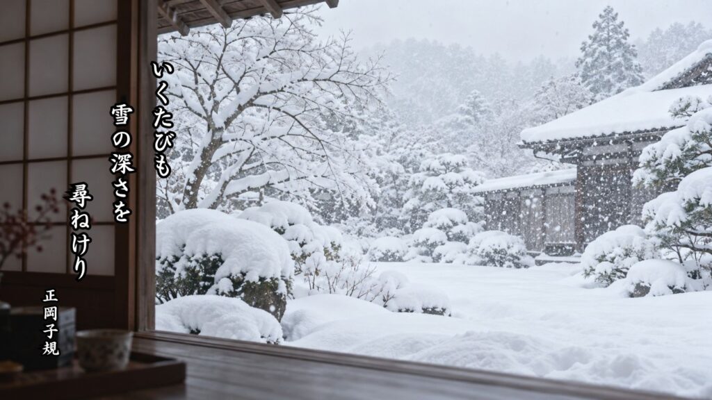 雪にまつわる冬の季語12選｜有名俳人の句で味わう雪景色『いくたびも　雪の深さを　尋ねけり』正岡子規の俳句のイメージイラスト画像