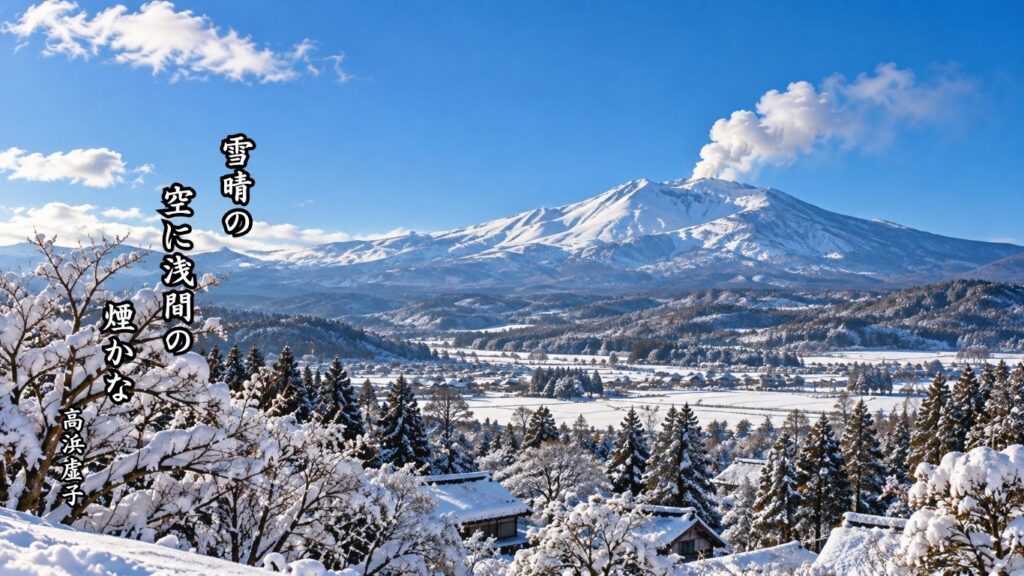 雪にまつわる冬の季語12選｜有名俳人の句で味わう雪景色『雪晴の　空に浅間の　煙かな』高浜虚子の俳句のイメージイラスト画像