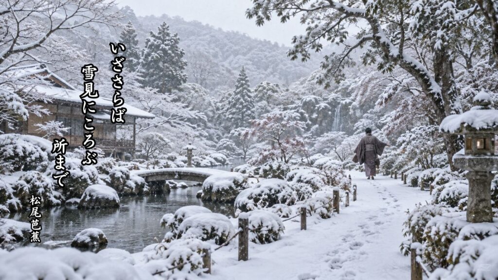 雪にまつわる冬の季語12選｜有名俳人の句で味わう雪景色『いざさらば　雪見にころぶ　所まで』松尾芭蕉の俳句のイメージイラスト画像