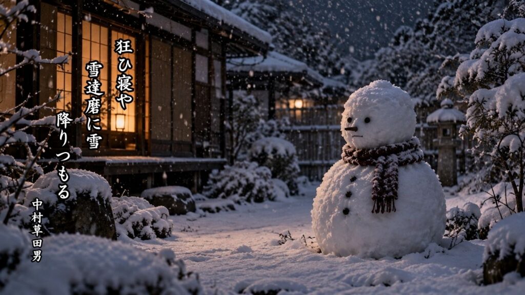 雪にまつわる冬の季語12選｜有名俳人の句で味わう雪景色『狂ひ寝や　雪達磨に雪　降りつもる』中村草田男の俳句のイメージイラスト画像