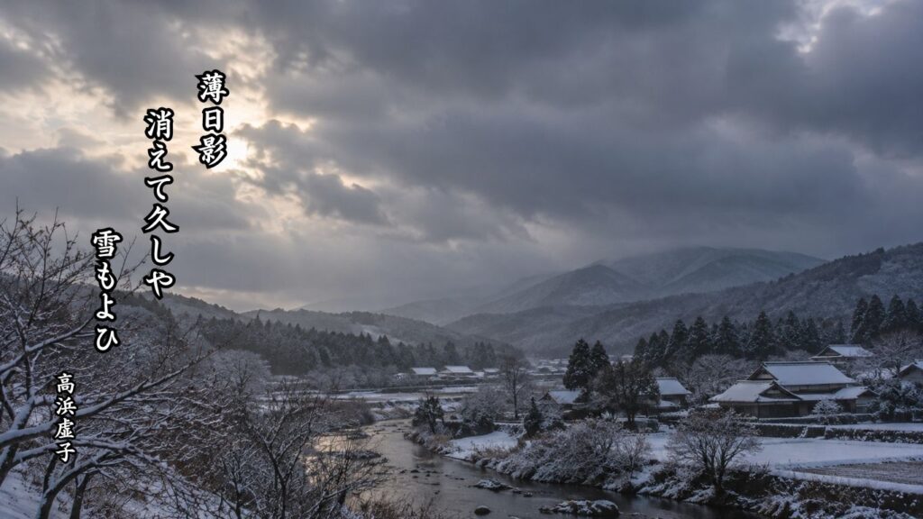 雪にまつわる冬の季語12選｜有名俳人の句で味わう雪景色『薄日影　消えて久しや　雪もよひ』松尾芭蕉の俳句のイメージイラスト画像