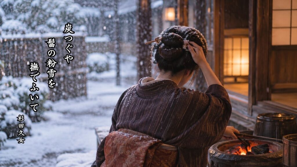 雪にまつわる冬の季語12選｜有名俳人の句で味わう雪景色『炭つぐや　髷の粉雪を　撫でふいて』杉田久女の俳句のイメージイラスト画像