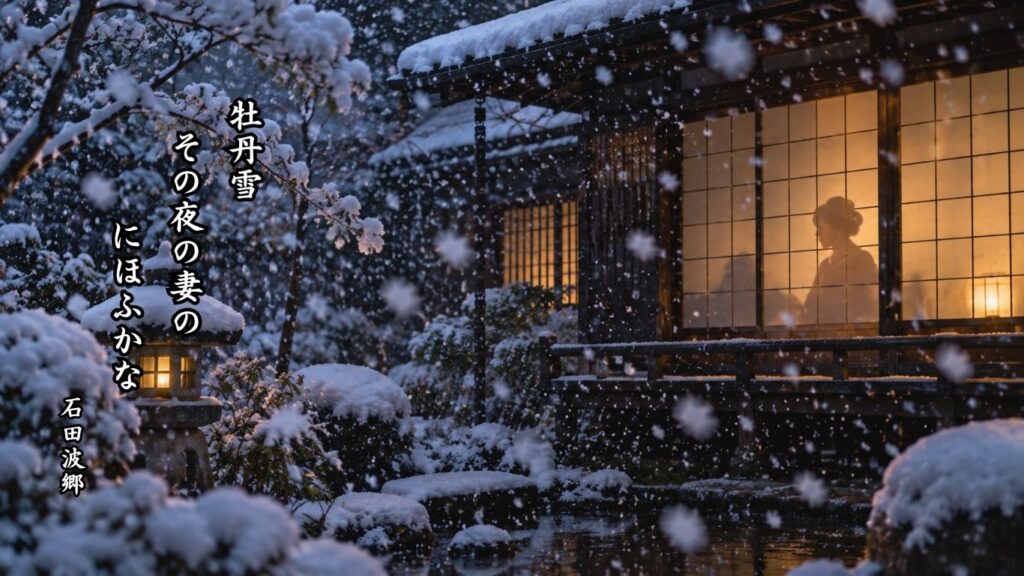 雪にまつわる冬の季語12選｜有名俳人の句で味わう雪景色『牡丹雪　その夜の妻の　にほふかな』石田波郷の俳句のイメージイラスト画像